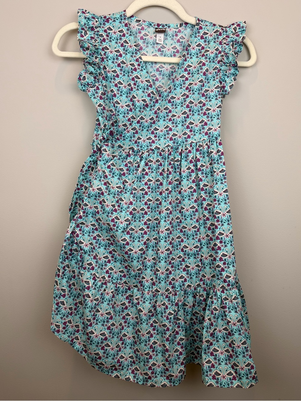 Tea Collection Girls Size 8 Swan Print Ruffle Flutter Sleeve Tiered Dress